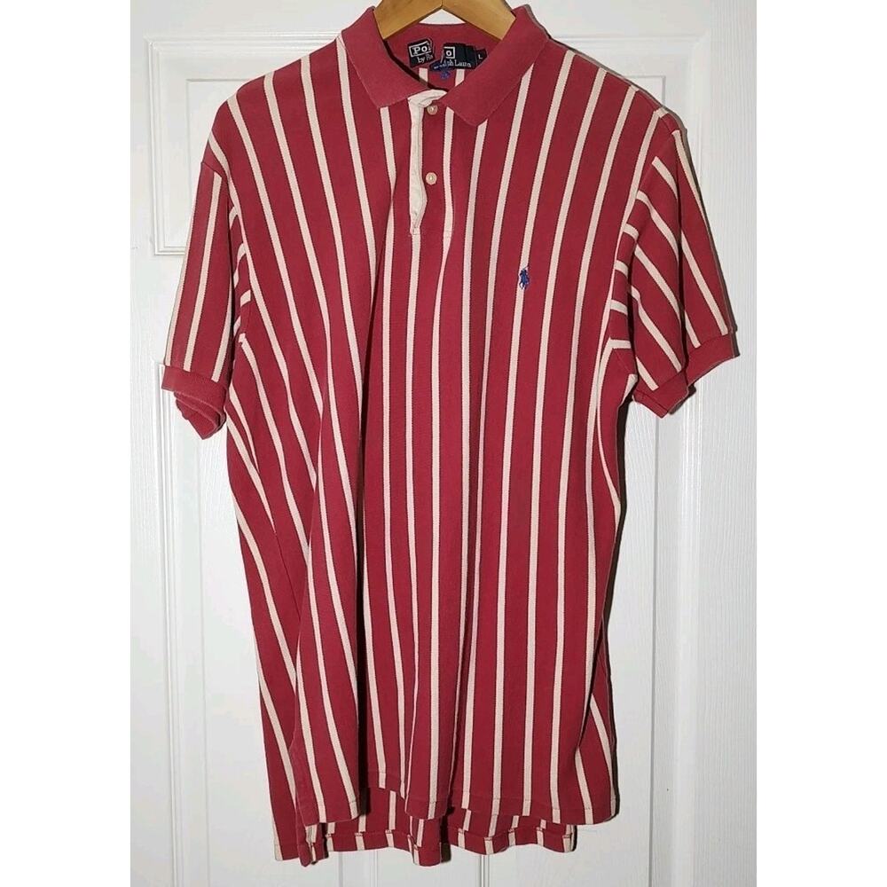 Men's Vintage Polo Ralph Lauren Red White Striped Polo Shirt Made in USA - Large